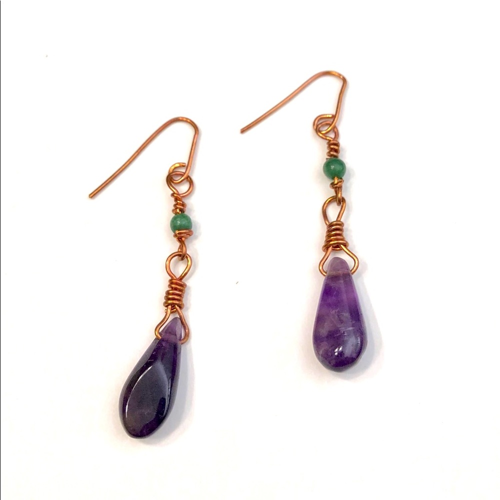 Handmade amethyst drop and Jade, copper wire earrings